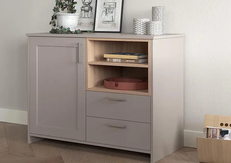 Cashmere and oak hallway sideboard by James-Young Kitchens & Interiors, Frome, Somerset.