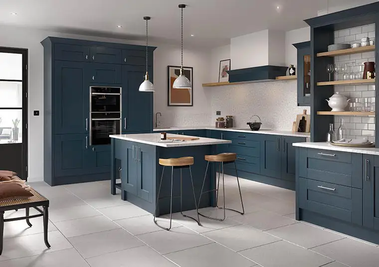 Hartforth blue shaker kitchen with marble effect quartz worktop.