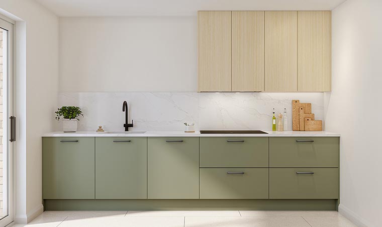 Simple matt light green and light oak slab door kitchen.
