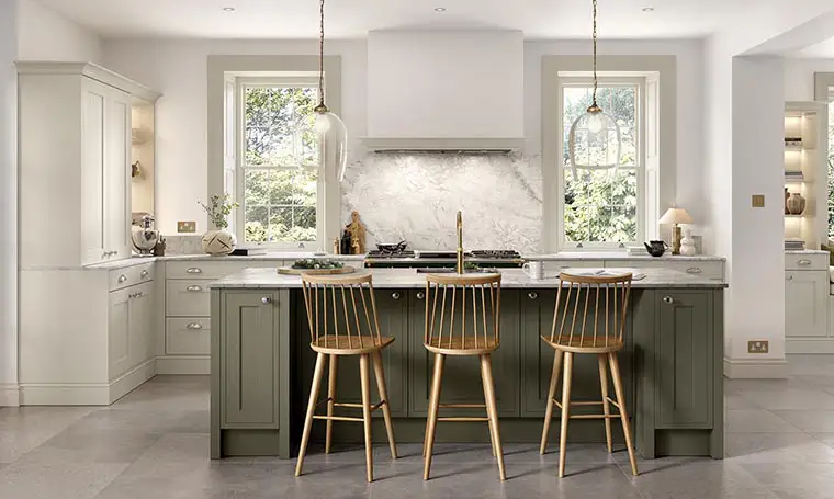 Inframe woodgrain kitchen in light grey and willow green.