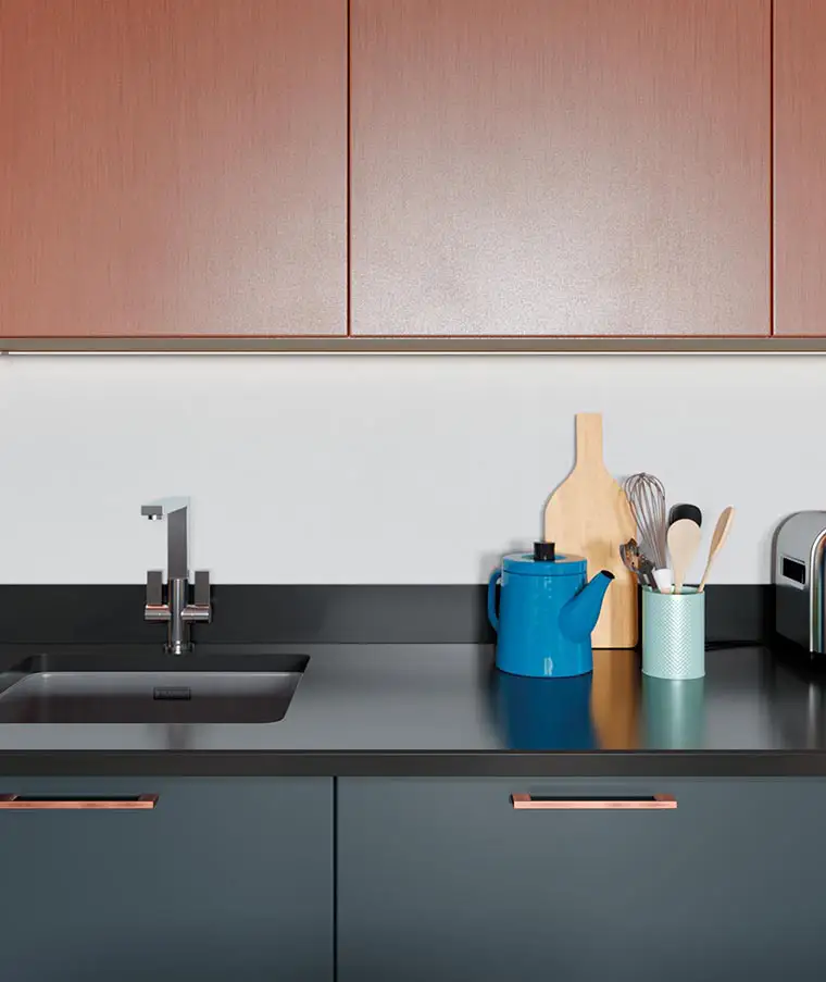 Modern copper kitchen interior. James-Young Kitchens & Interiors, Frome, Somerset.