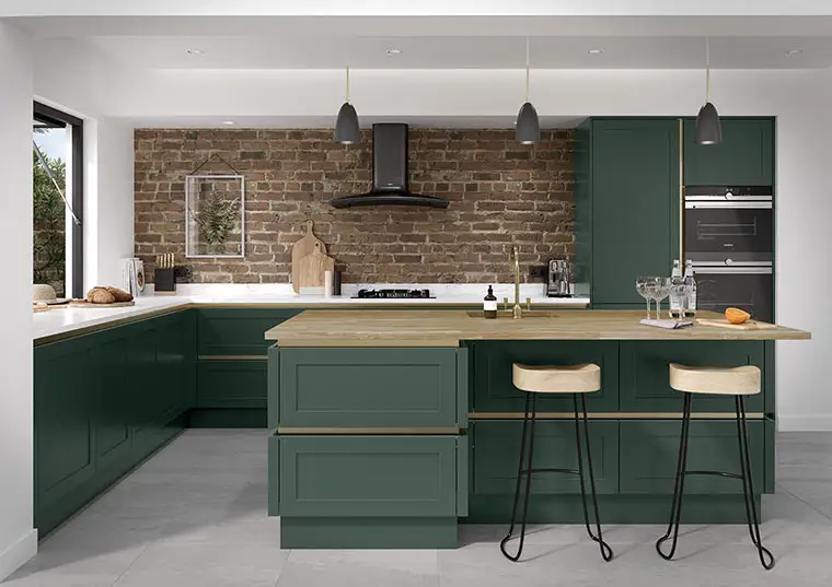 True handleless matt smooth shaker style kitchen in green. James-Young Kitchens & Interiors, Frome, Somerset.