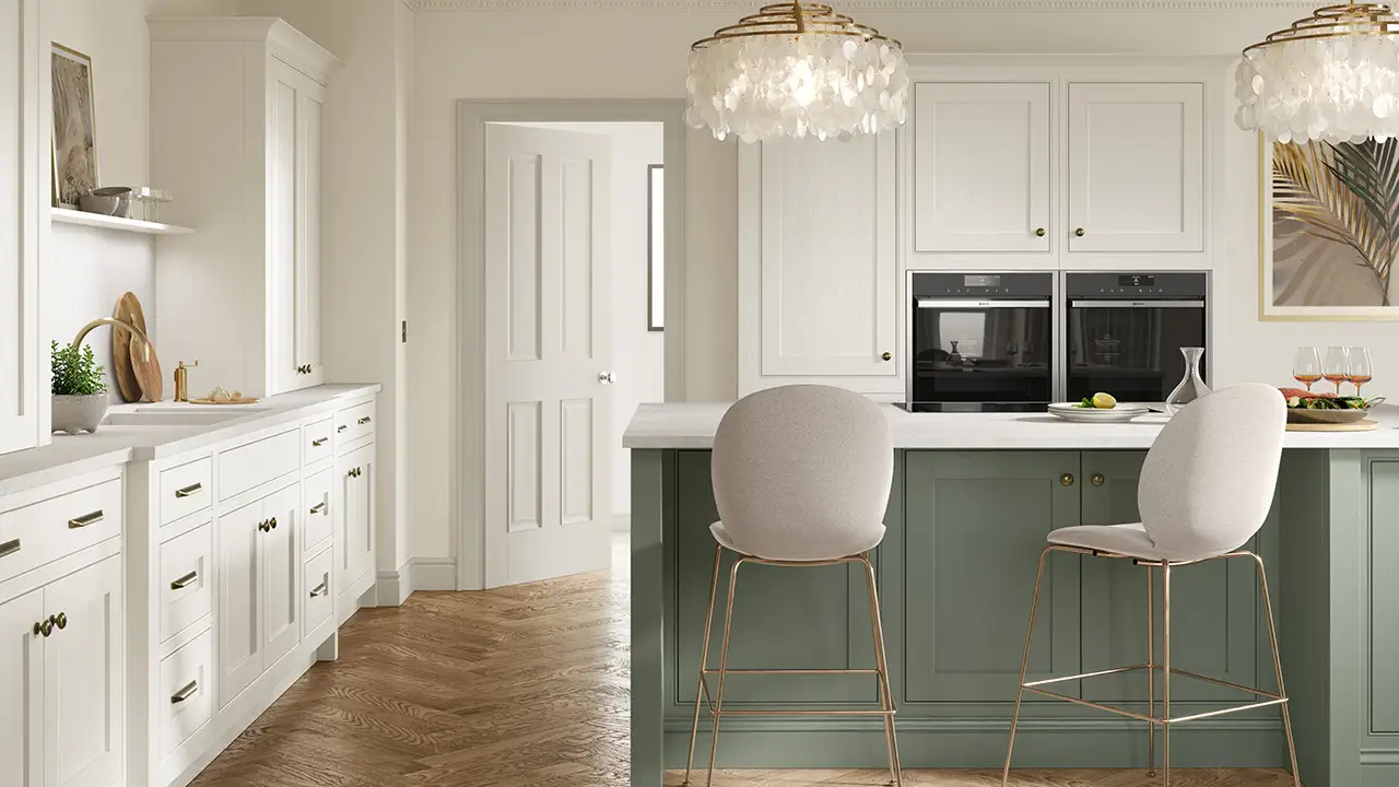 Porter Outline - Bay Green Kitchen Interior. James-Young Kitchens & Interiors, Frome, Somerset